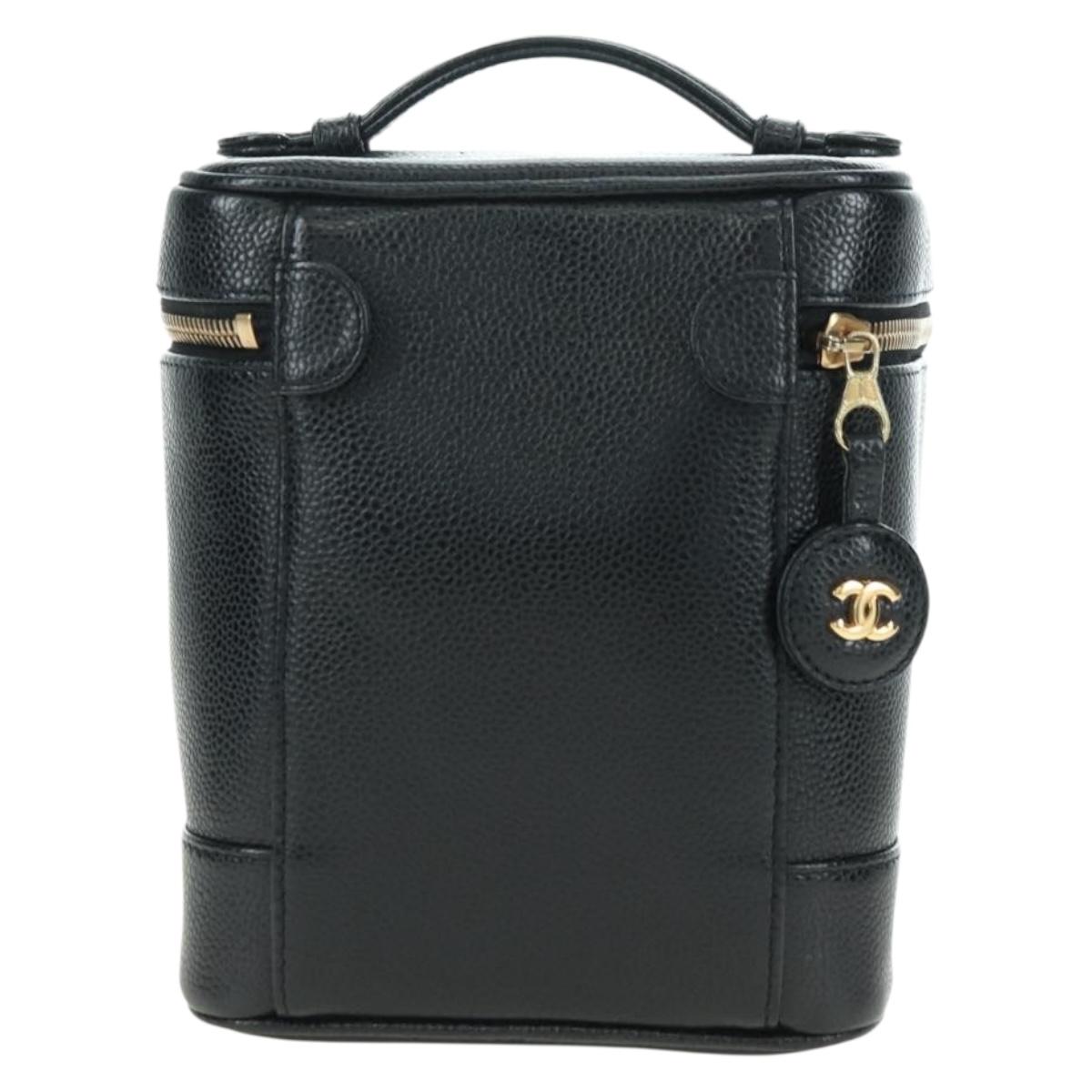 CHANEL Vanity Hand Bag Caviar Skin Black Gold CC Auth 179303SAV