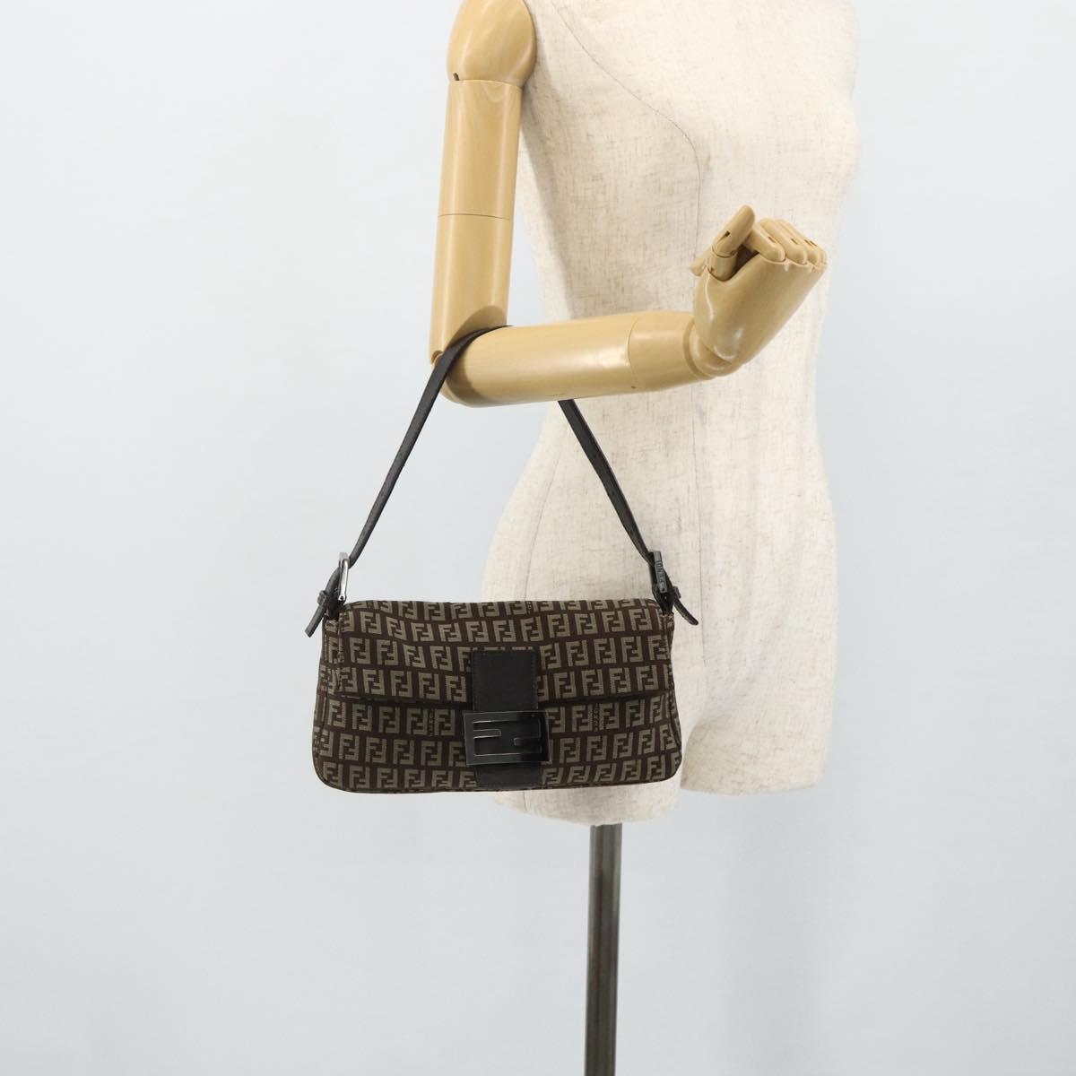 FENDI Zucchino Canvas Mamma Baguette Shoulder Bag Brown Silver Auth 179308A