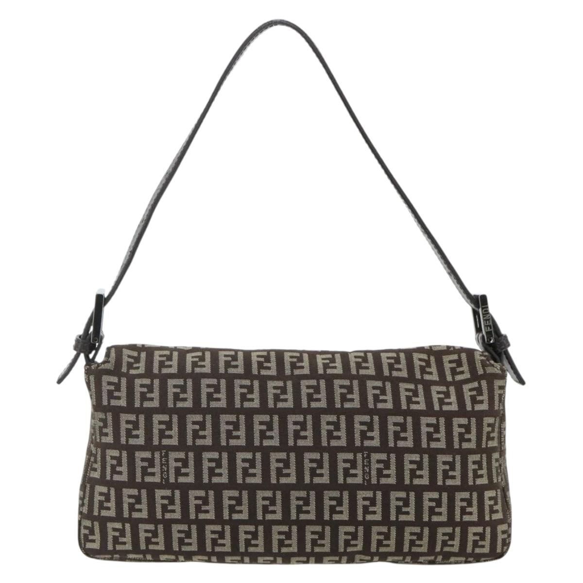 FENDI Zucchino Canvas Mamma Baguette Shoulder Bag Brown Silver Auth 179308A