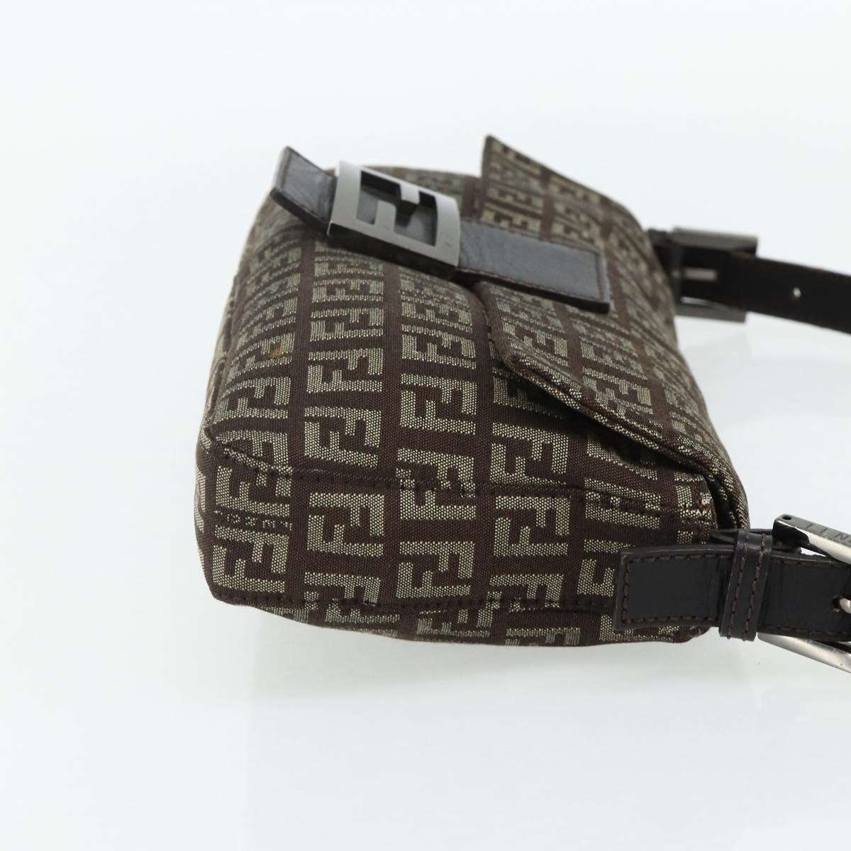 FENDI Zucchino Canvas Mamma Baguette Shoulder Bag Brown Silver Auth 179308A