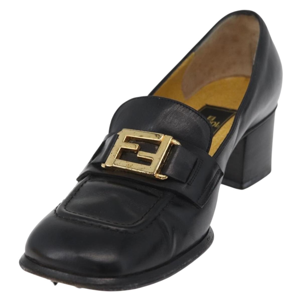 FENDI Loafers Leather 36 1/2 Black Auth 179329