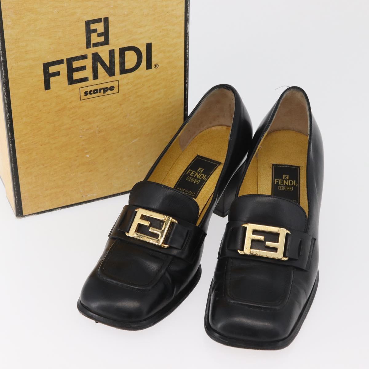 FENDI Loafers Leather 36 1/2 Black Auth 179329