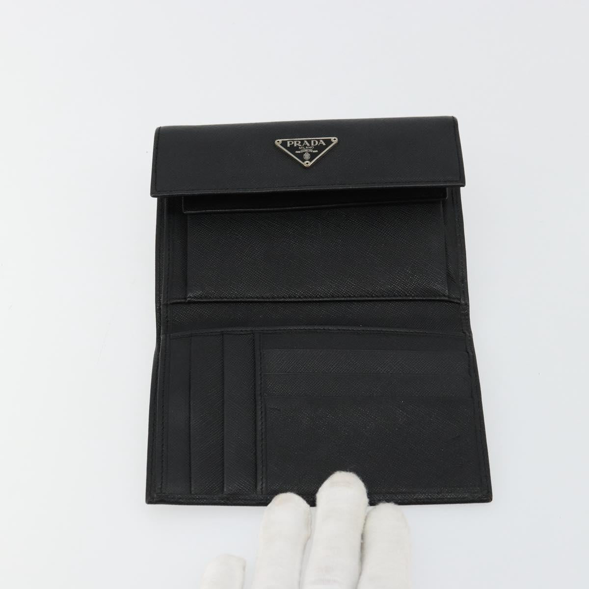 PRADA Wallet Safiano leather Black Silver Auth 179334A