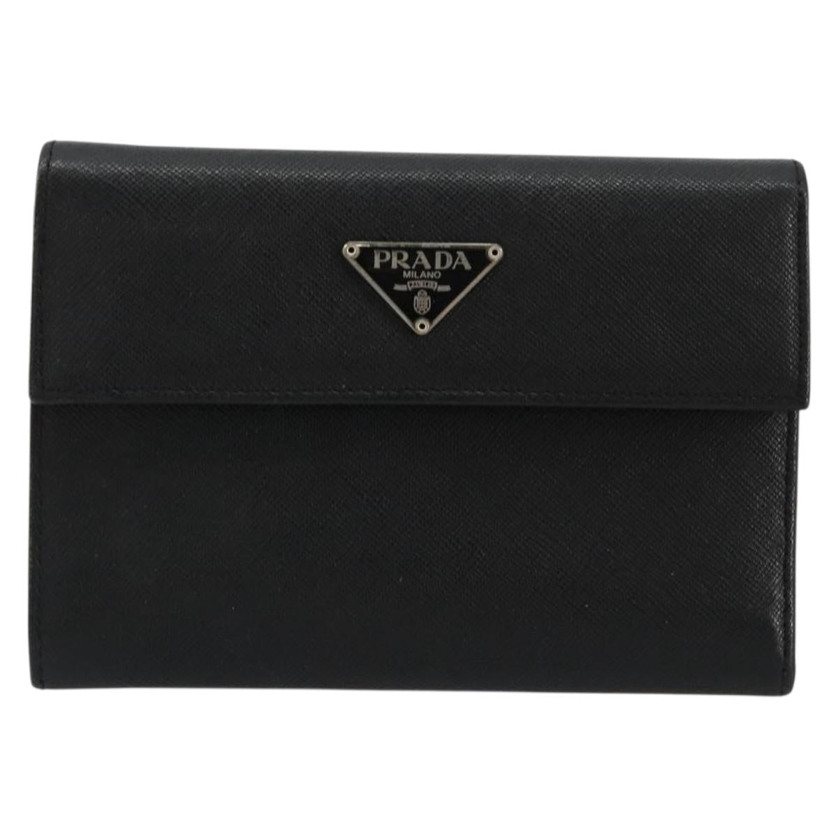 PRADA Wallet Safiano leather Black Silver Auth 179334A