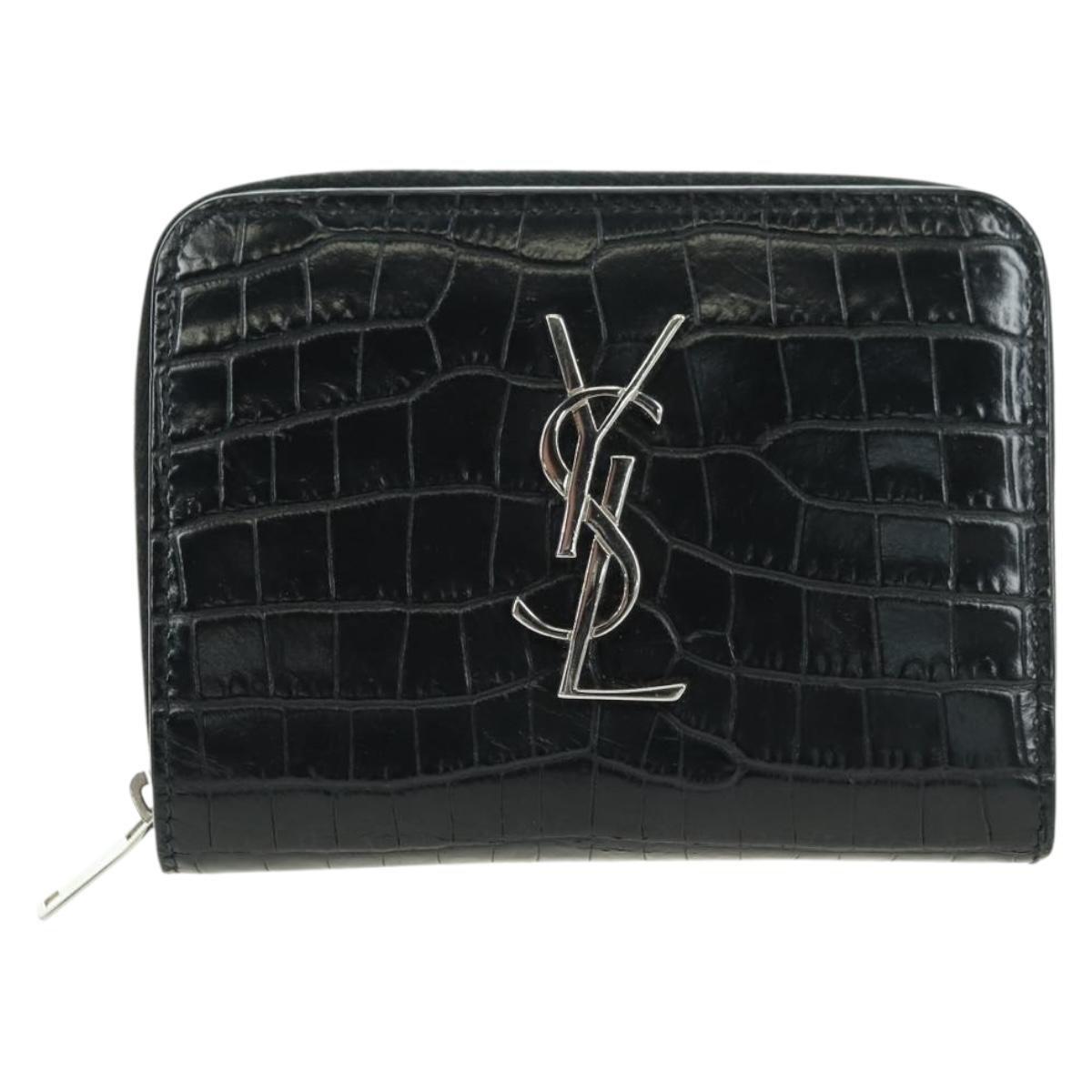 SAINT LAURENT Cassandra Compact Wallet Croco Embossing Black Auth 179335M