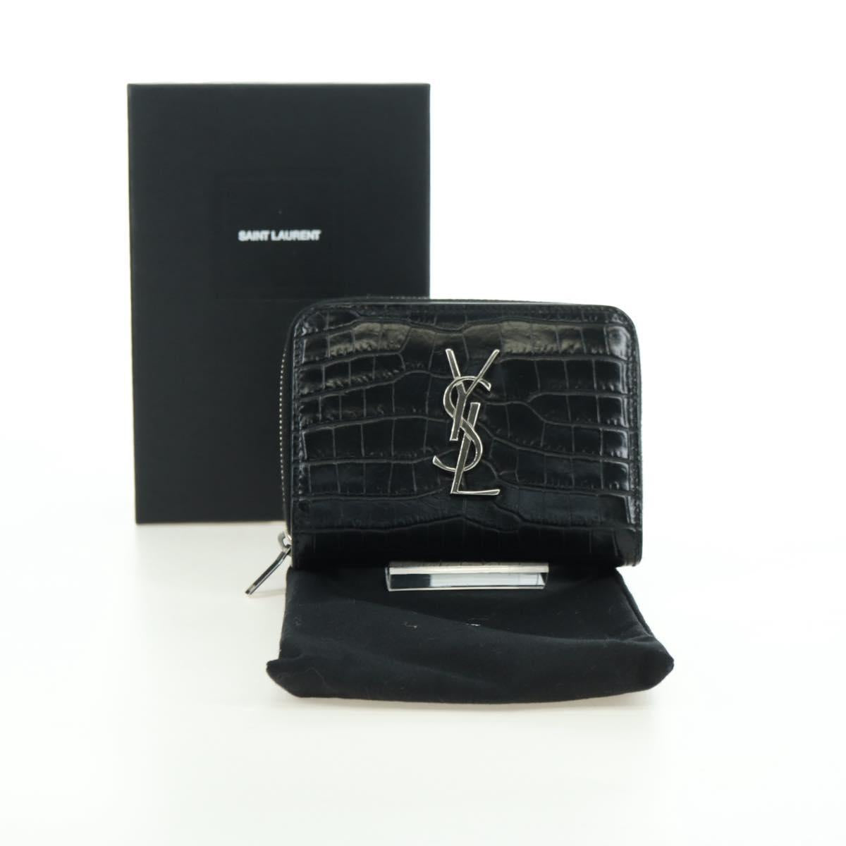 SAINT LAURENT Cassandra Compact Wallet Croco Embossing Black Auth 179335M