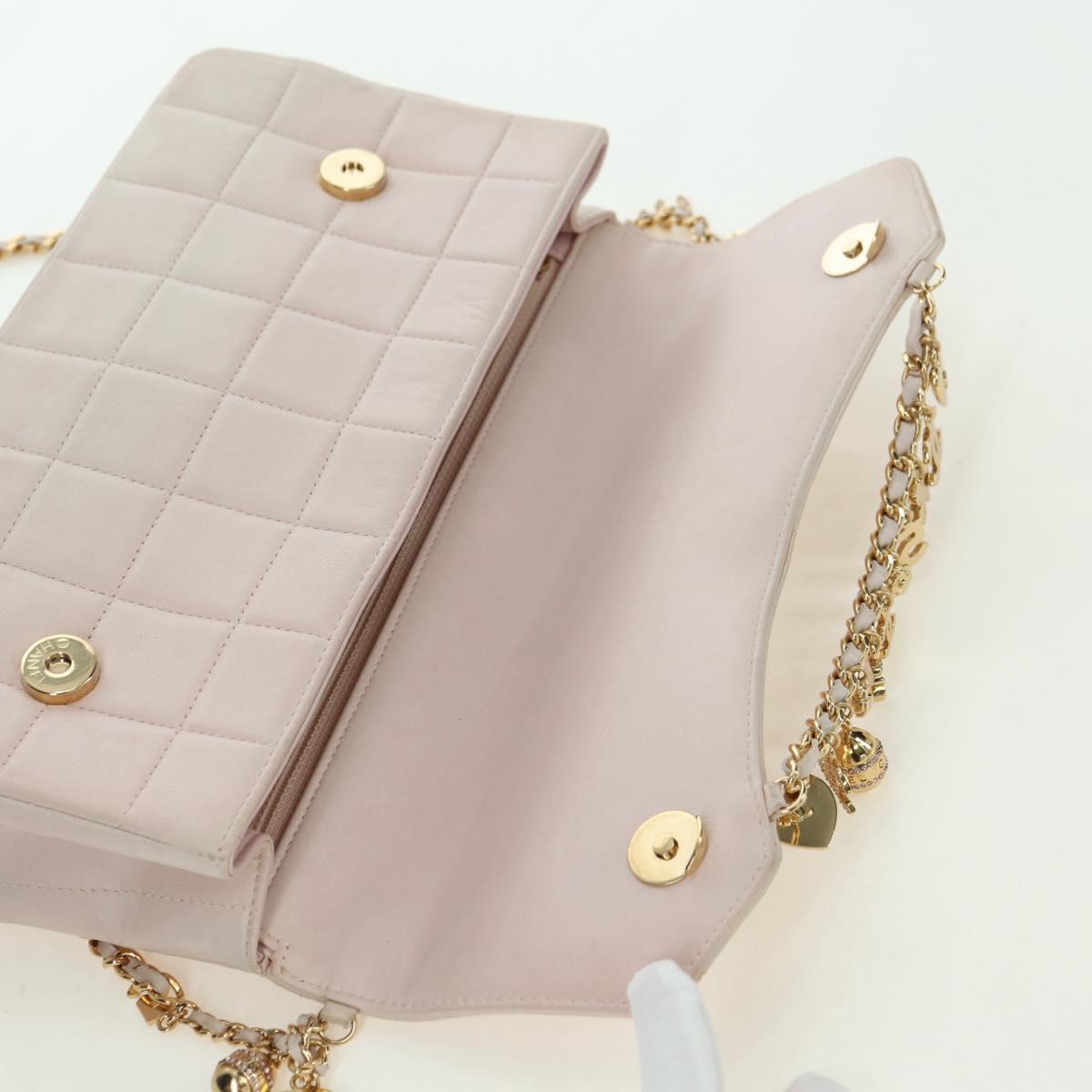 CHANEL Choco Bar Icon Chain Shoulder Bag Lamb Skin Gold Pink CC Auth 179351SV