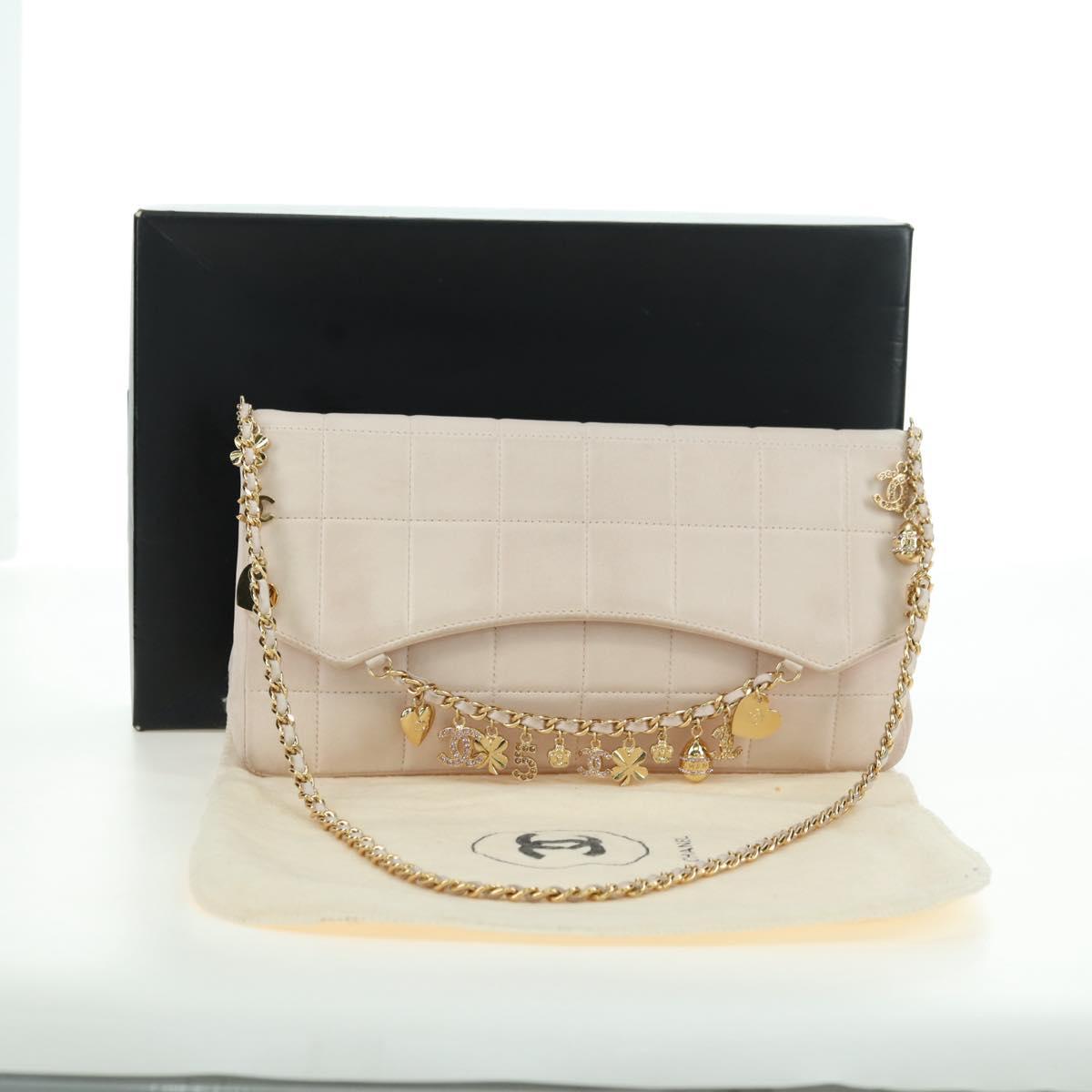 CHANEL Choco Bar Icon Chain Shoulder Bag Lamb Skin Gold Pink CC Auth 179351SV