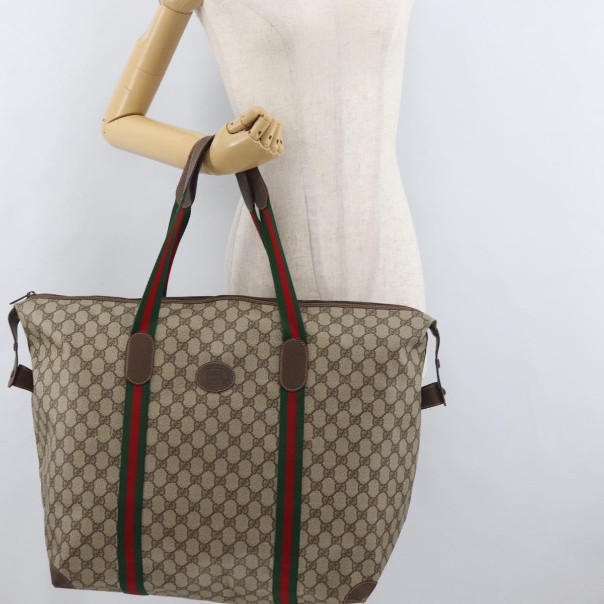 GUCCI GG Supreme Web Sherry Line Boston Bag PVC Beige Red 156 19 012 Auth 179370