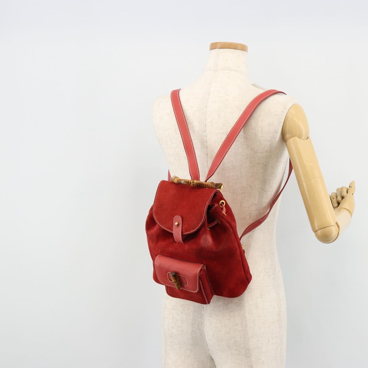 GUCCI Bamboo Backpack Suede Red Gold 003 1956 0030 Auth 179385