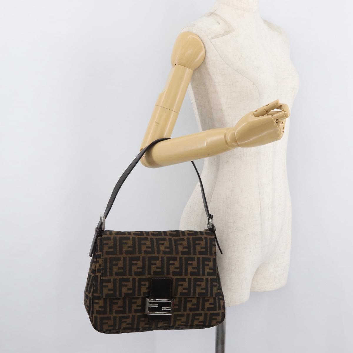 FENDI Zucca Canvas Mamma Baguette Shoulder Bag Black Brown Auth 179388SAV
