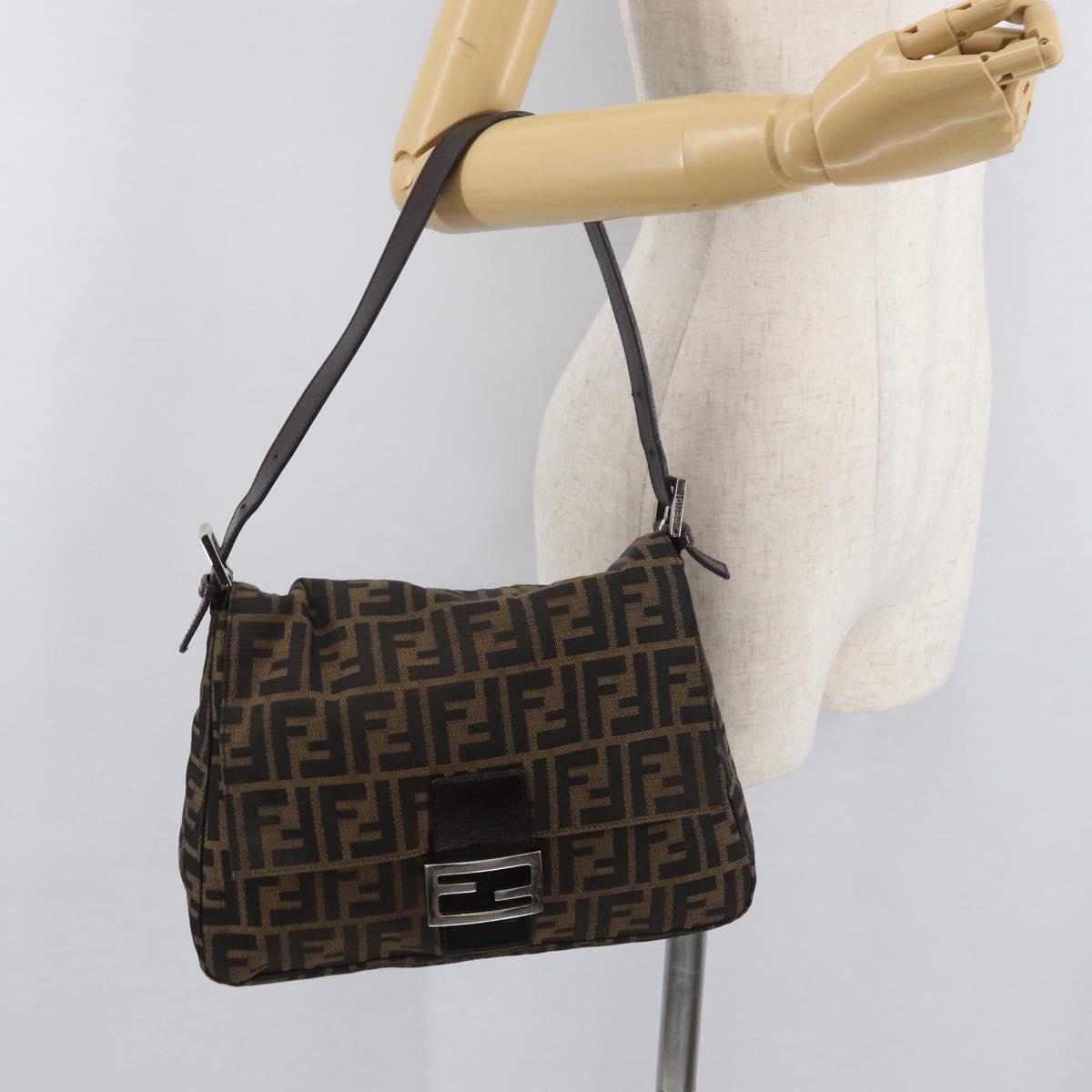 FENDI Zucca Canvas Mamma Baguette Shoulder Bag Black Brown Auth 179389V