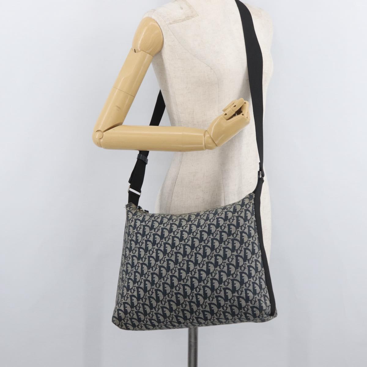 Christian Dior Trotter Canvas Shoulder Bag Navy Silver Auth 179394A