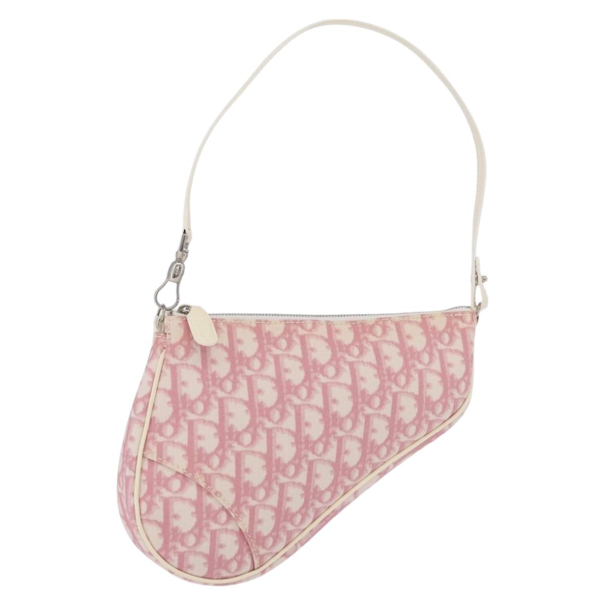 Christian Dior Trotter Canvas Saddle Pouch PVC Pink Silver Auth 179401A
