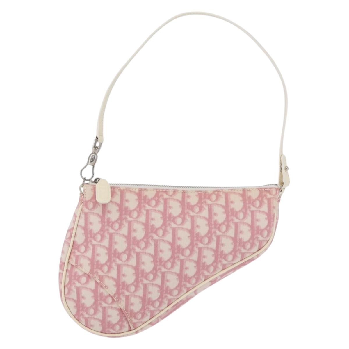 Christian Dior Trotter Canvas Saddle Pouch PVC Pink Silver Auth 179401A