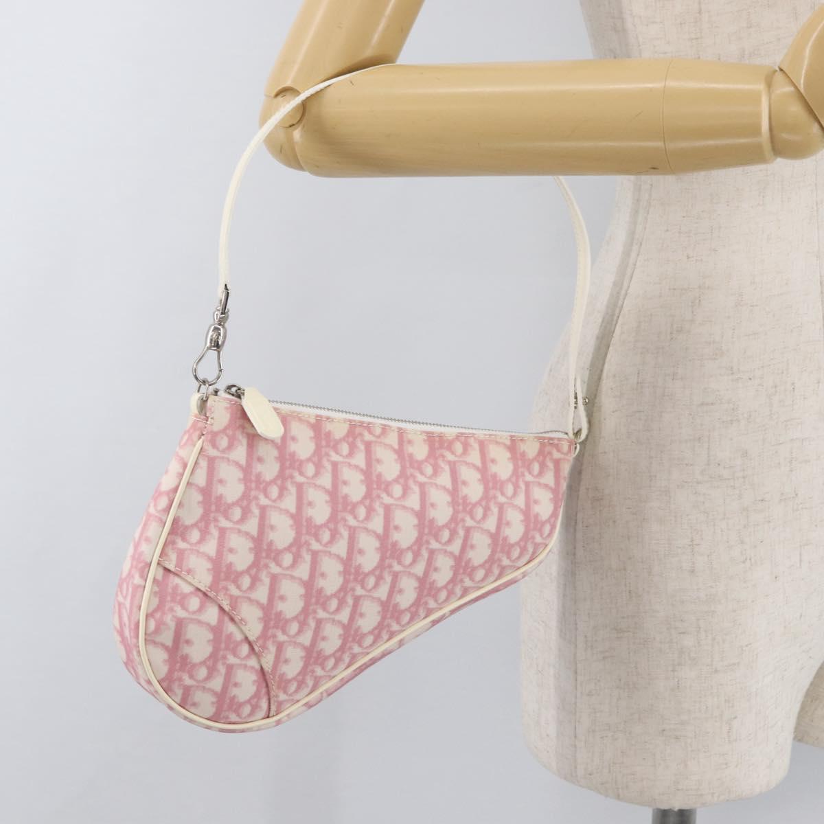 Christian Dior Trotter Canvas Saddle Pouch PVC Pink Silver Auth 179401A