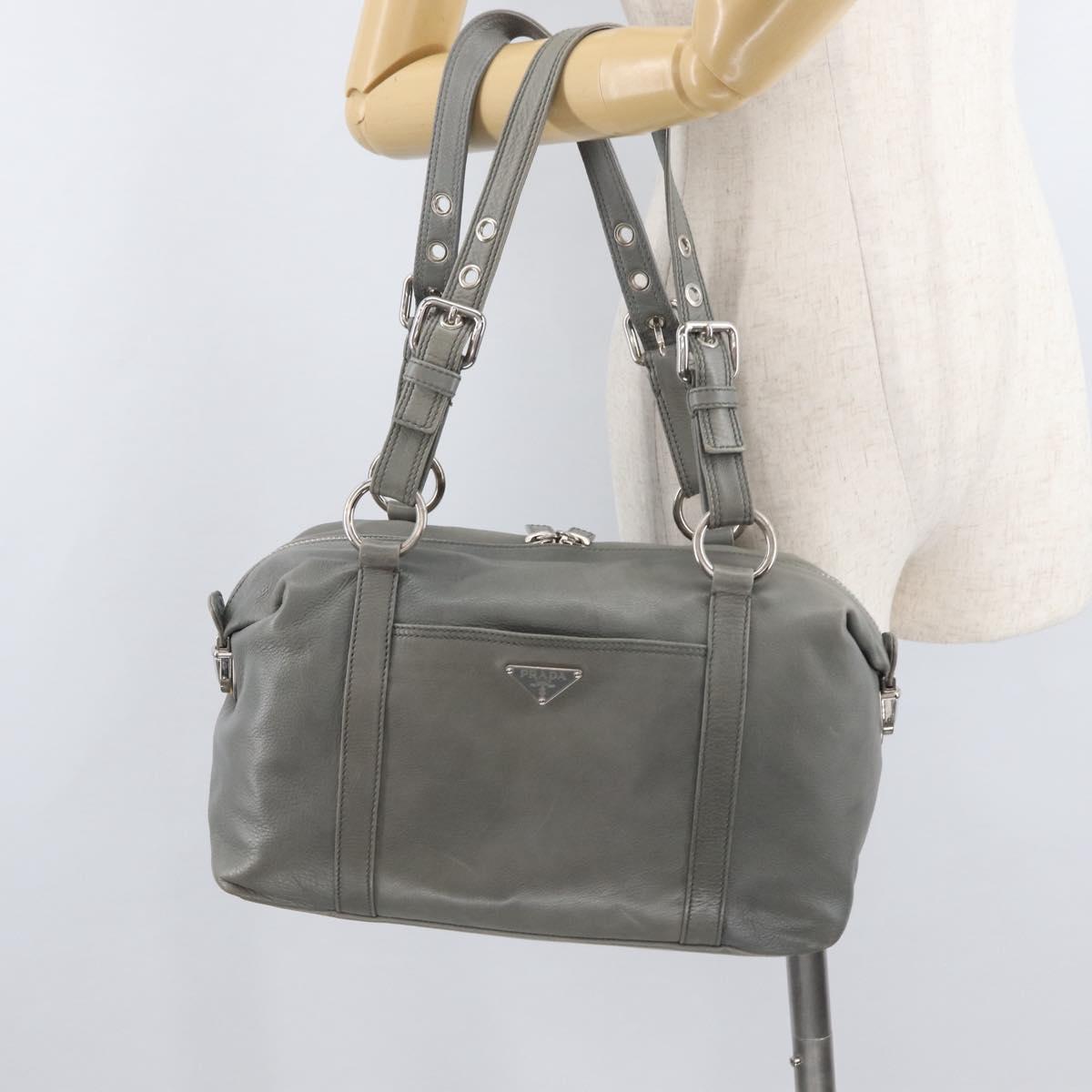 PRADA Hand Bag Leather Gray Silver Auth 179402A