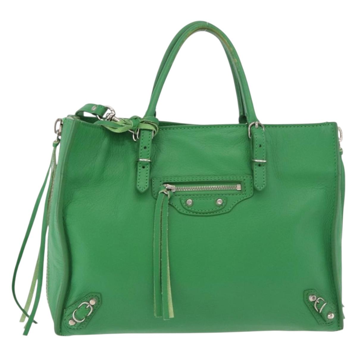 BALENCIAGA The Paper Tote Bag Leather 2way Green Silver 370926 Auth 179403A
