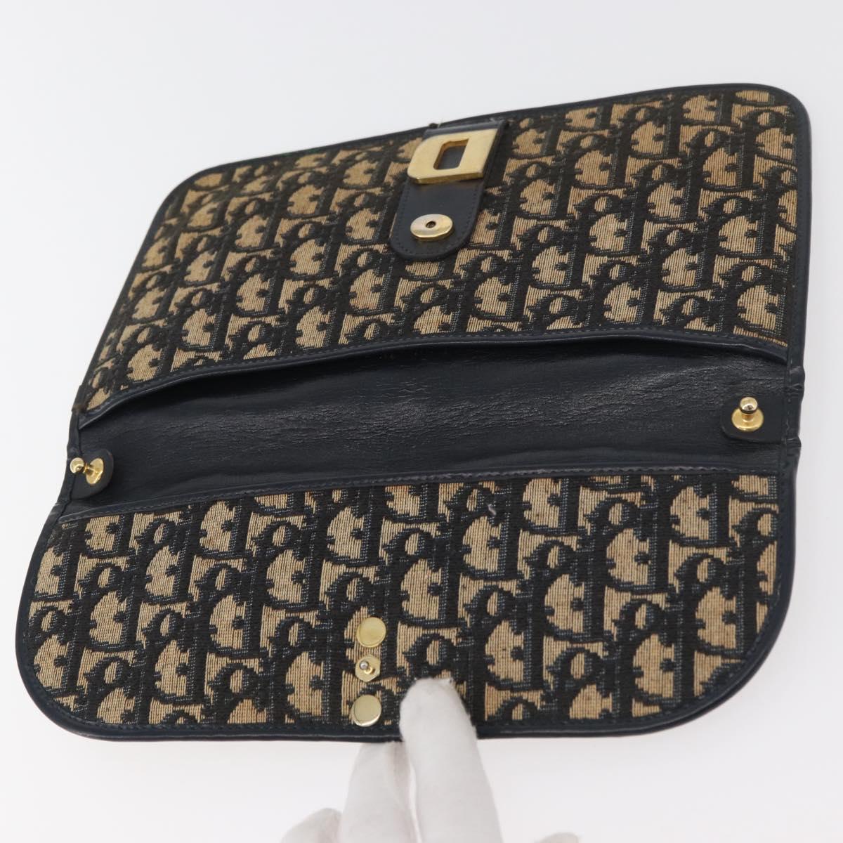 Christian Dior Trotter Canvas Clutch Bag Navy Gold Auth 179422