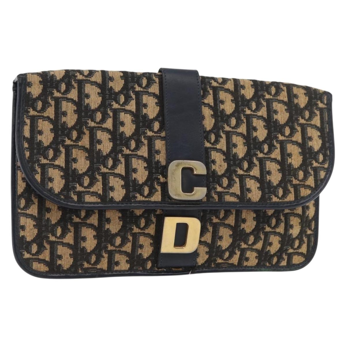 Christian Dior Trotter Canvas Clutch Bag Navy Gold Auth 179422