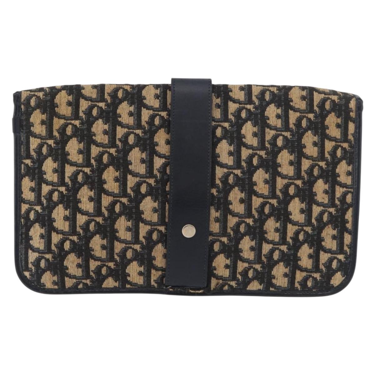 Christian Dior Trotter Canvas Clutch Bag Navy Gold Auth 179422