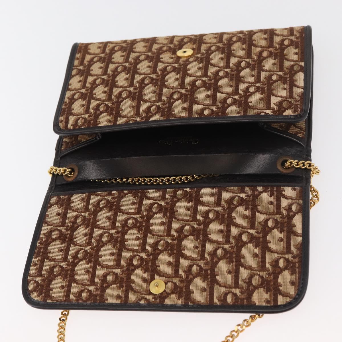 Christian Dior Trotter Canvas Chain Shoulder Bag Brown Gold Auth 179423
