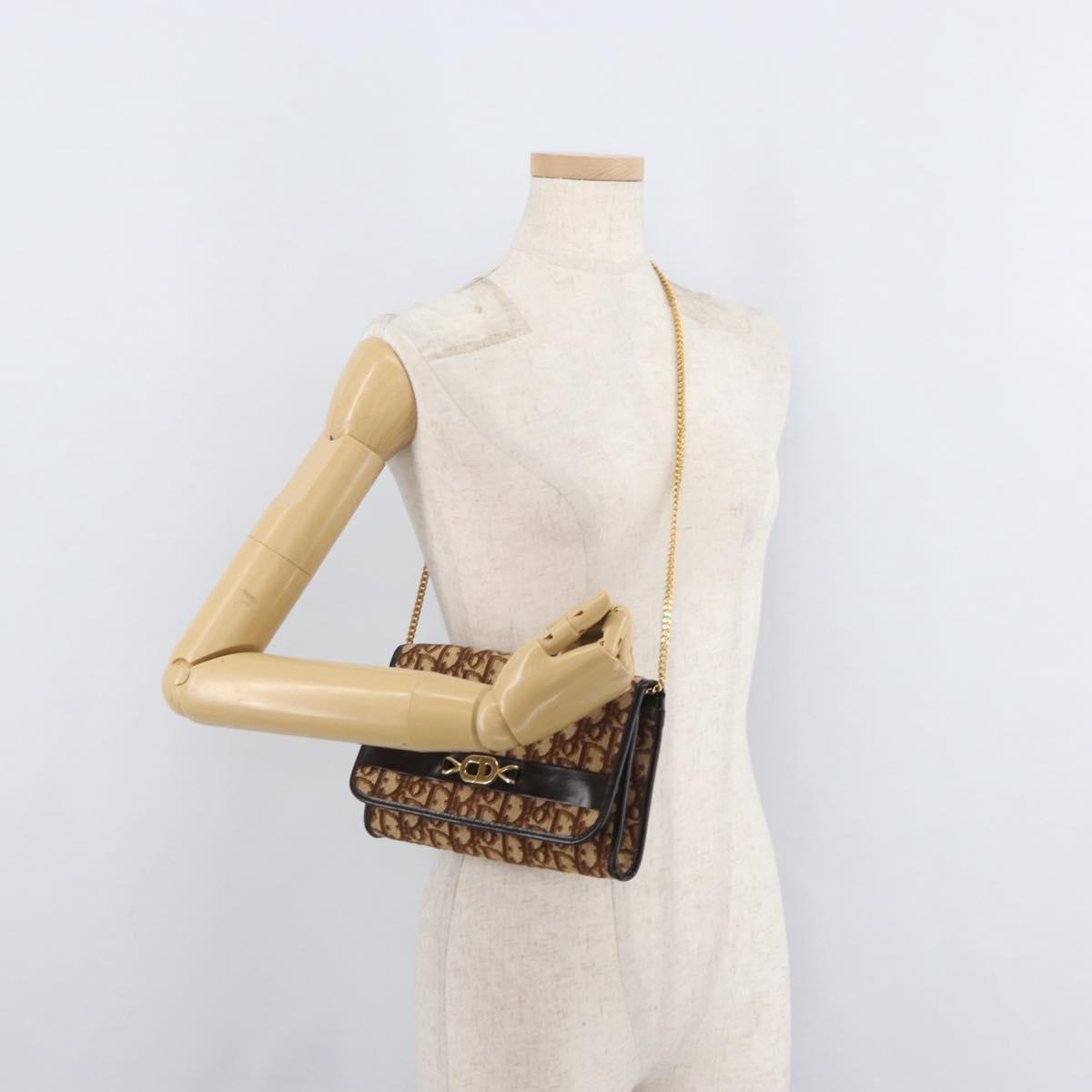 Christian Dior Trotter Canvas Chain Shoulder Bag Brown Gold Auth 179423
