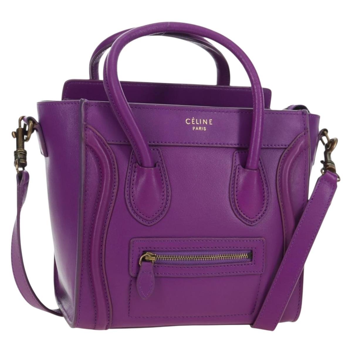 CELINE Luggage Micro Shopper Hand Bag Leather 2way Purple Gold Auth 179426SAV