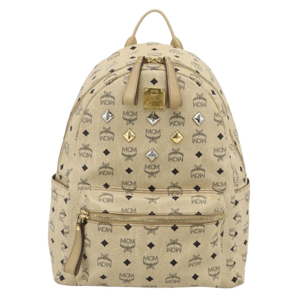 MCM Vicetos Logogram Backpack PVC Beige Gold Auth 179430