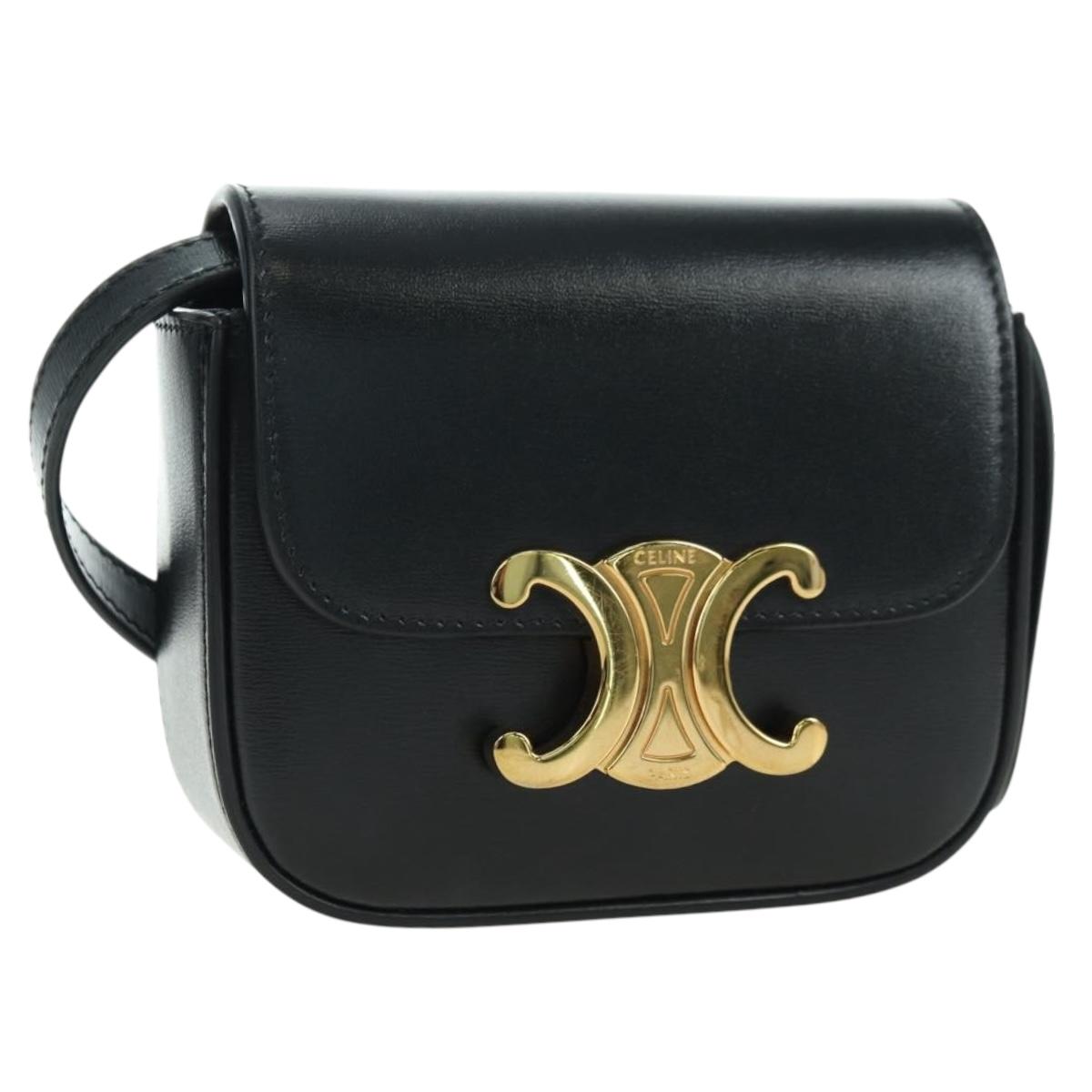 CELINE Triomphe Shoulder Bag Leather Black Gold Auth 179440SAM