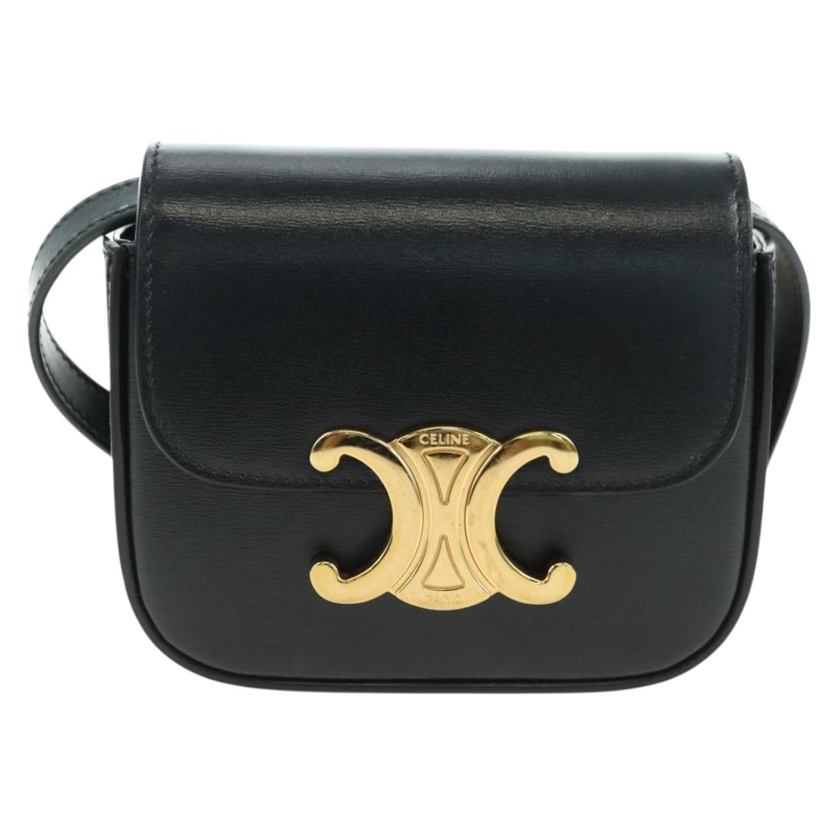 CELINE Triomphe Shoulder Bag Leather Black Gold Auth 179440SAM