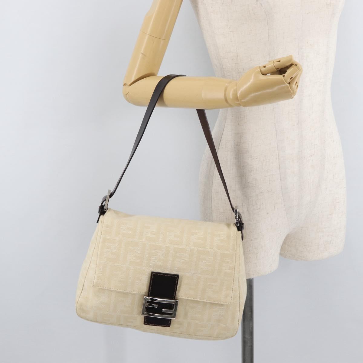 FENDI Zucca Canvas Mamma Baguette Shoulder Bag Beige Silver Auth 179443V