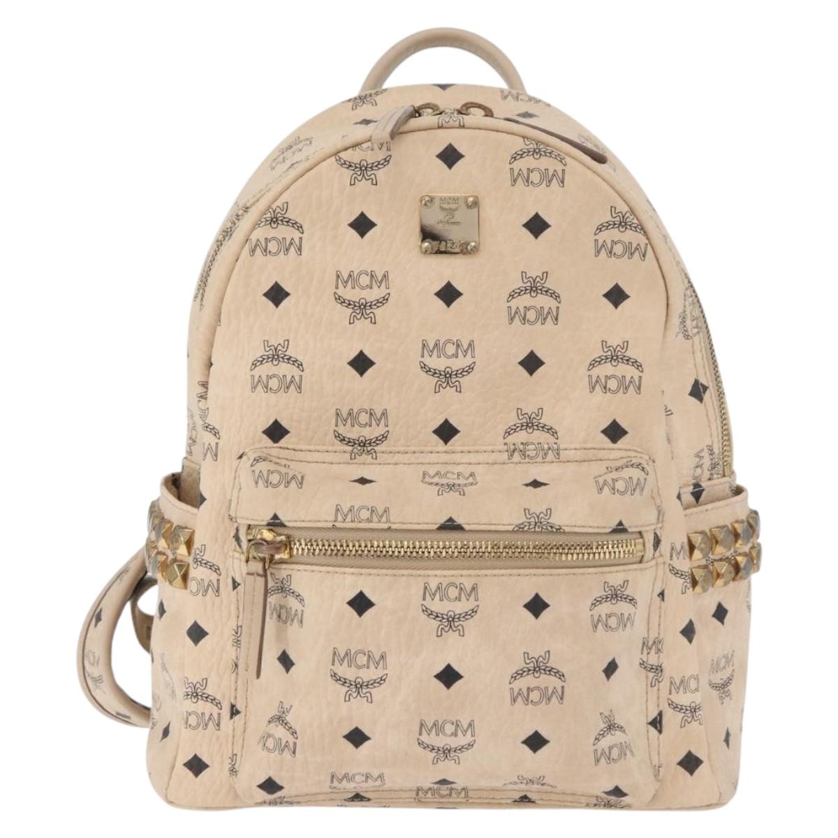 MCM Vicetos Logogram Backpack PVC Leather Ivory Gold Auth 179462