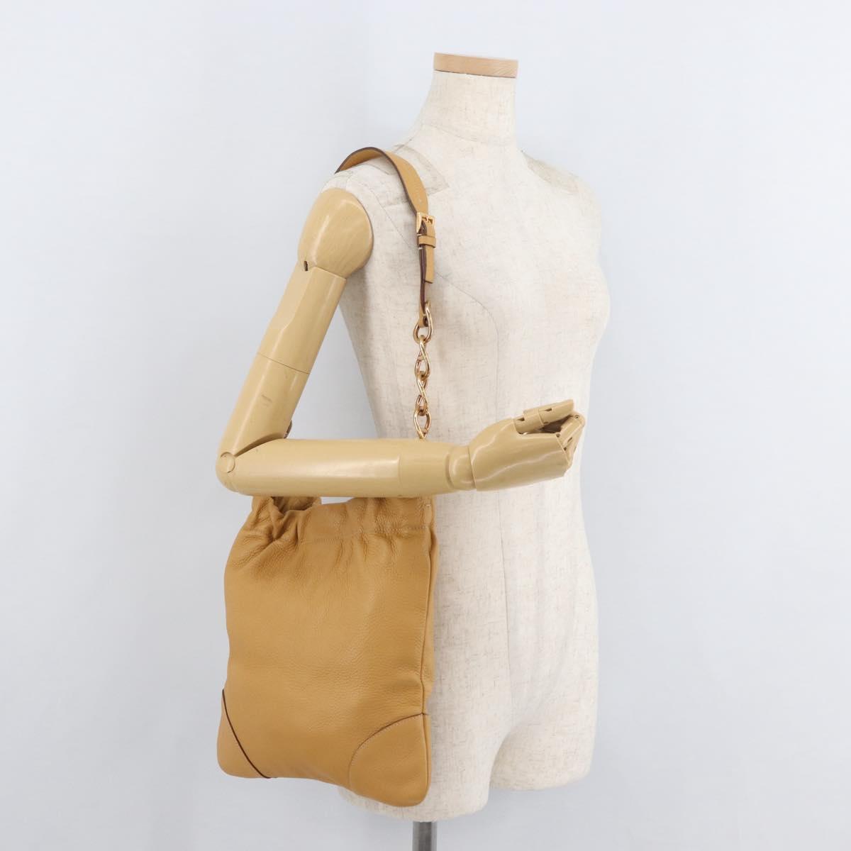 PRADA Chain Shoulder Bag Leather Beige Gold Auth 179470A