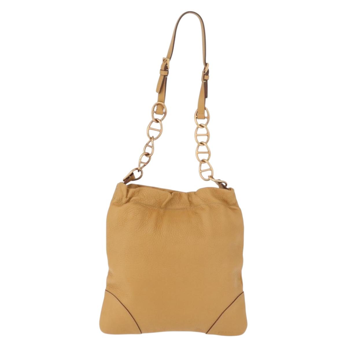 PRADA Chain Shoulder Bag Leather Beige Gold Auth 179470A