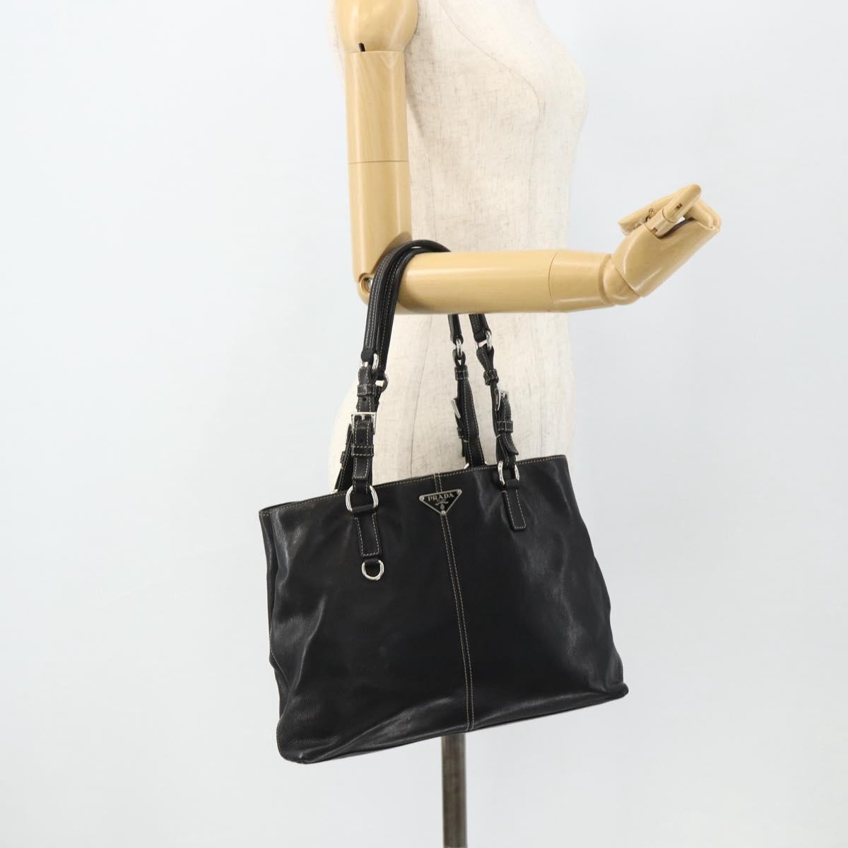 PRADA Tote Bag Leather Black Silver Auth 179472A