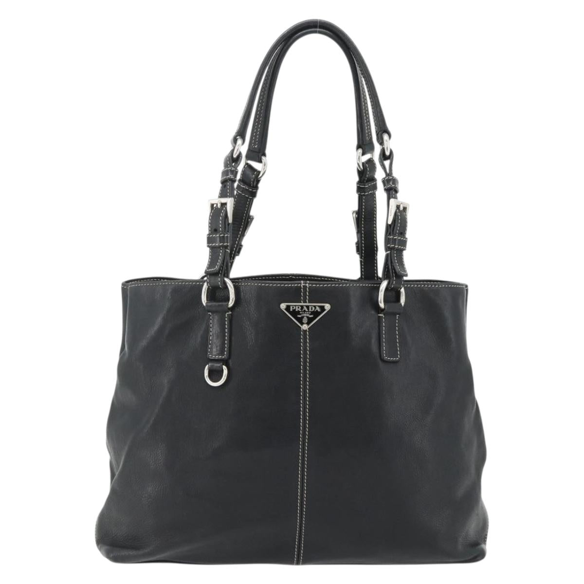 PRADA Tote Bag Leather Black Silver Auth 179472A