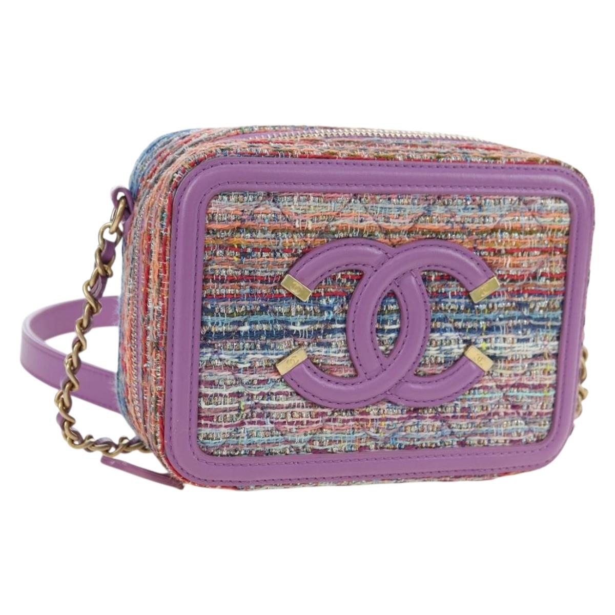CHANEL Matelasse Chain Shoulder Bag Tweed Purple Gold CC Auth 179491SAM