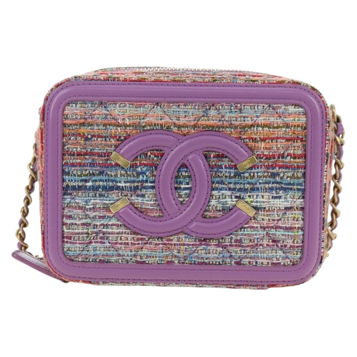 CHANEL Matelasse Chain Shoulder Bag Tweed Purple Gold CC Auth 179491SAM