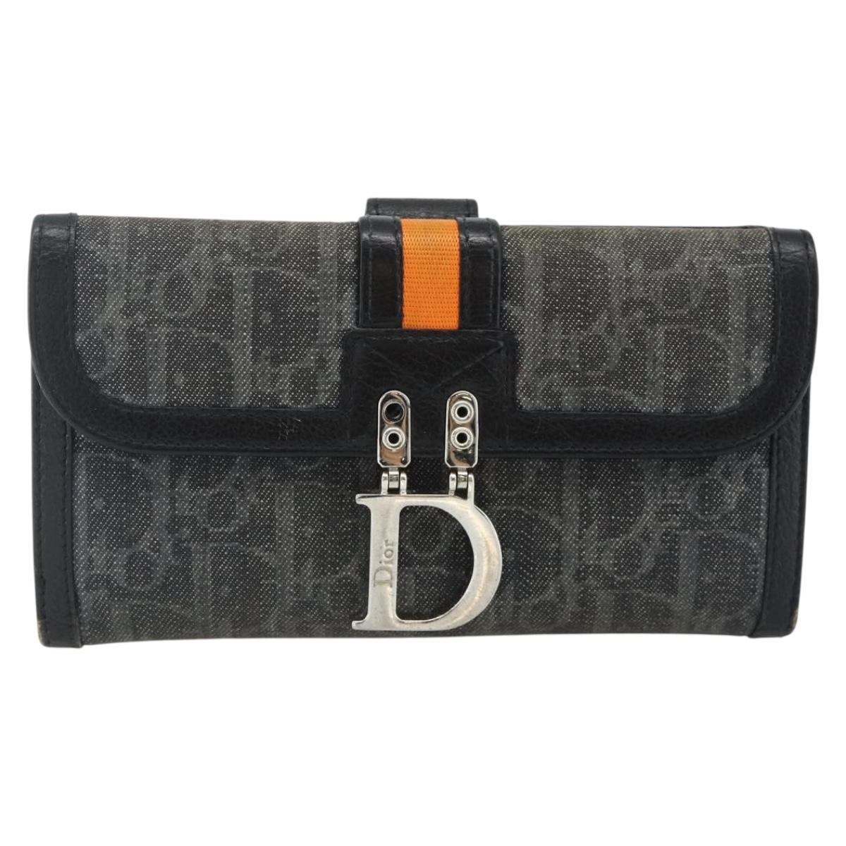 Christian Dior Trotter Canvas Long Wallet Silver Black Auth 179493