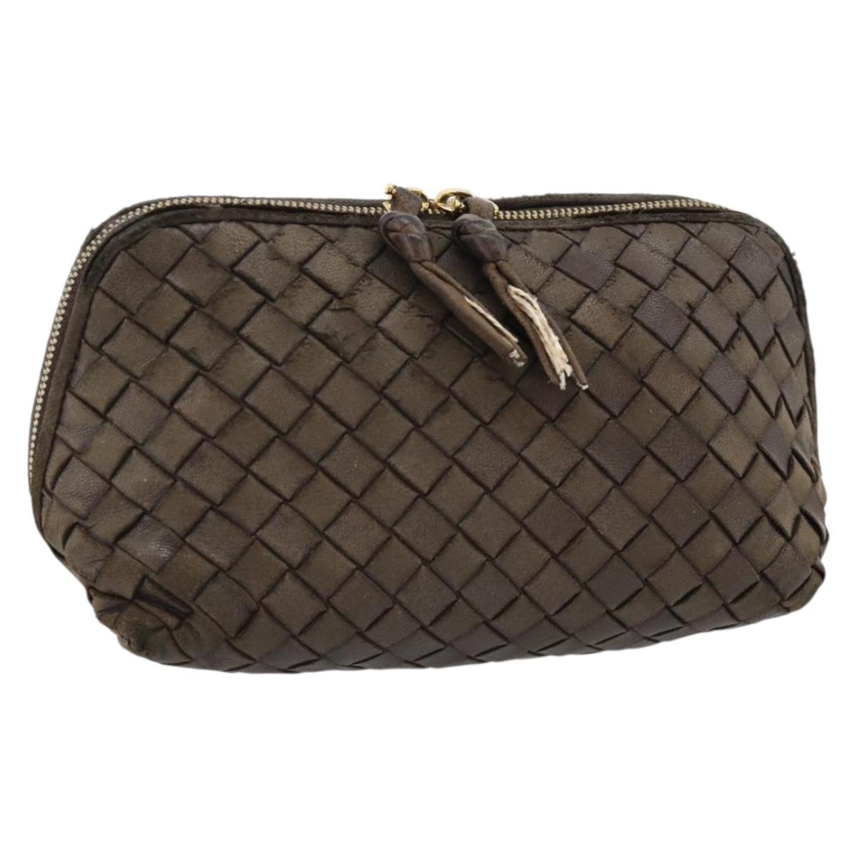 BOTTEGA VENETA INTRECCIATO Pouch Leather Brown Gold Auth 179520