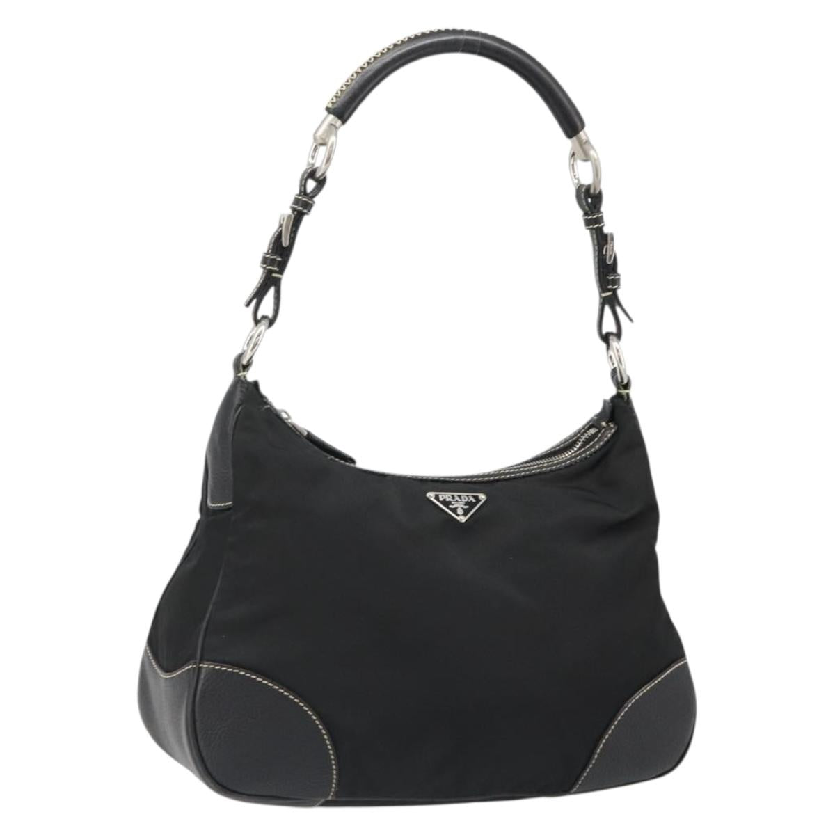 PRADA Shoulder Bag Nylon Leather Black Silver Auth 179529A