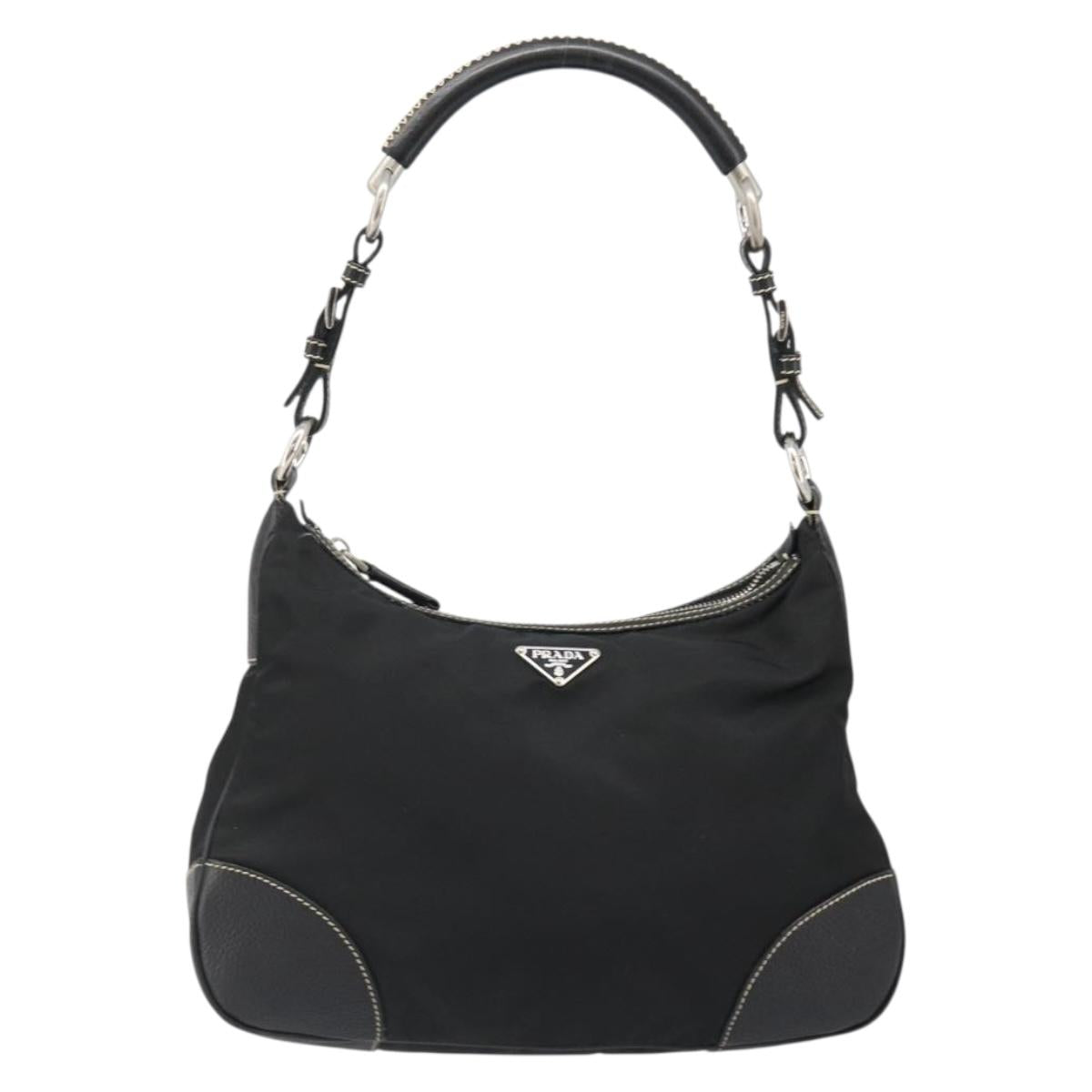 PRADA Shoulder Bag Nylon Leather Black Silver Auth 179529A