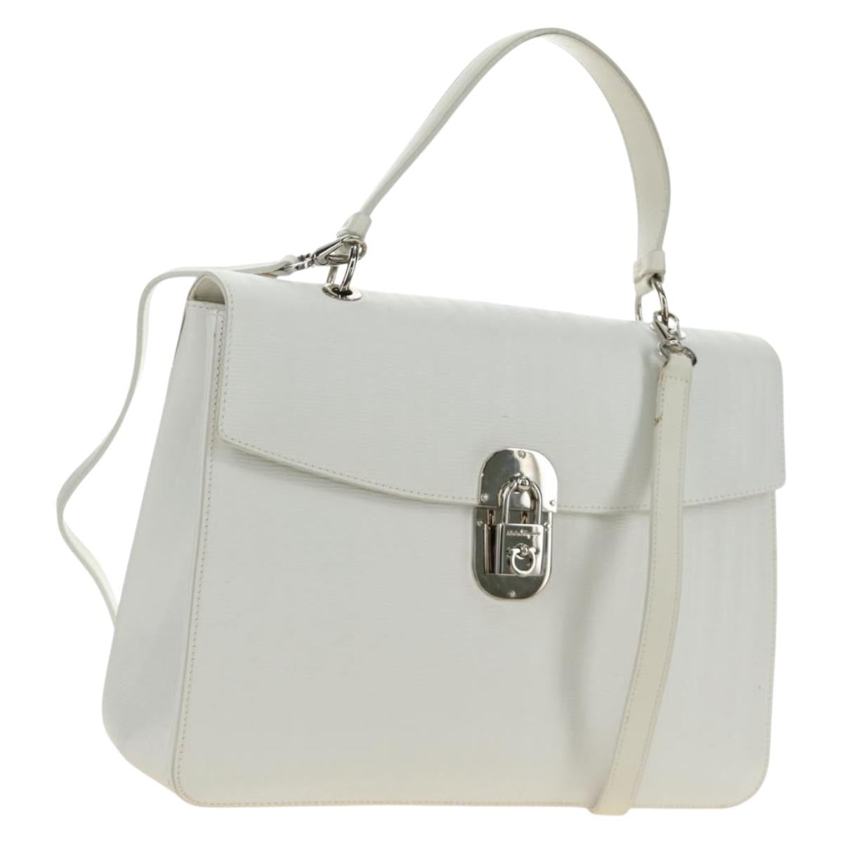 Salvatore Ferragamo Gancini Hand Bag PVC Leather 2way White Silver Auth 179530V