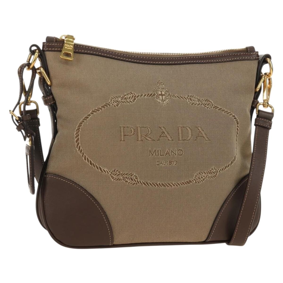 PRADA Shoulder Bag Canvas Beige Gold Auth 179538V