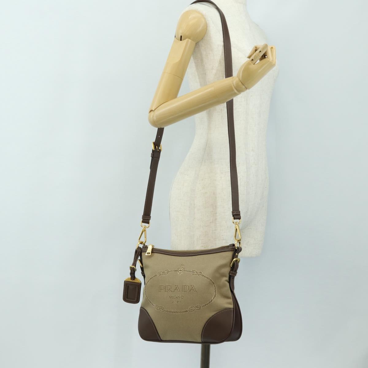 PRADA Shoulder Bag Canvas Beige Gold Auth 179538V