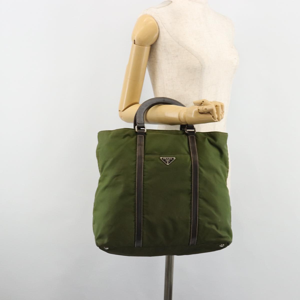 PRADA Hand Bag Nylon Khaki Silver Auth 179546
