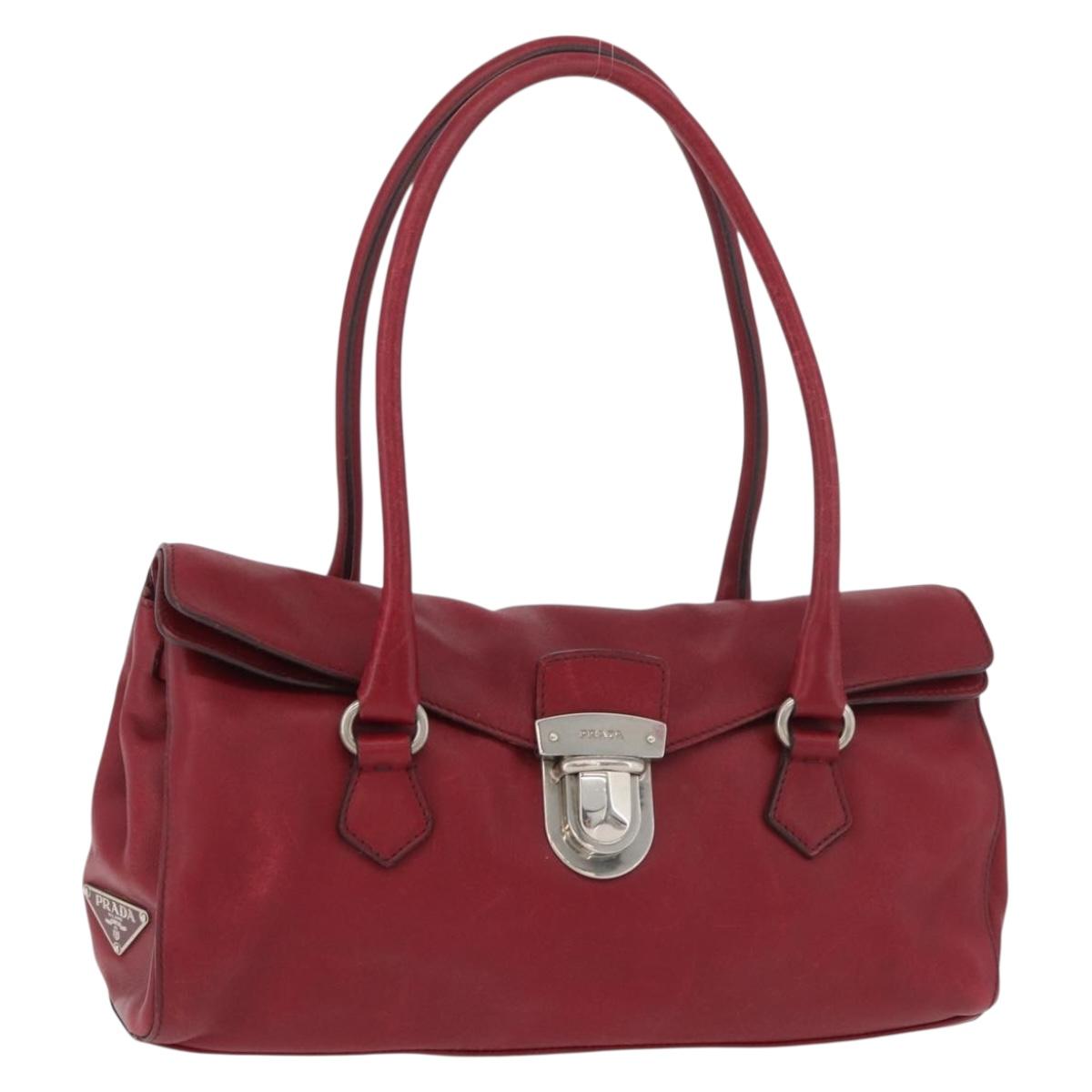 PRADA Hand Bag Leather Red Silver Auth 179569A
