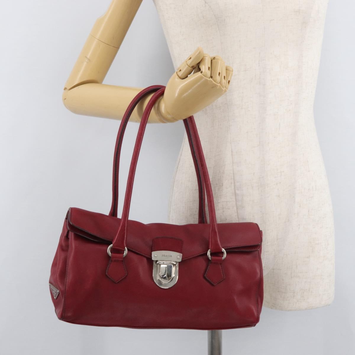 PRADA Hand Bag Leather Red Silver Auth 179569A