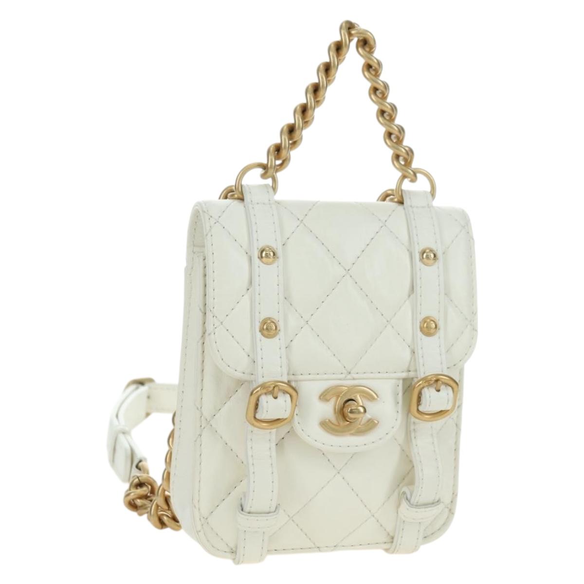 CHANEL Matelasse Chain Shoulder Bag Leather 2way White Gold CC Auth 179581SAM